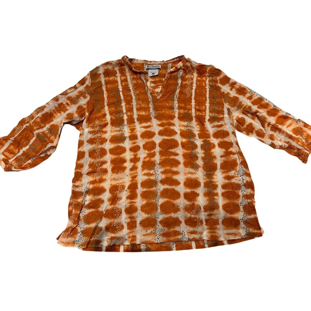 Columbia Women's Orange Tie-Dye V-Neck Top Size XL Boho Long Sleeve